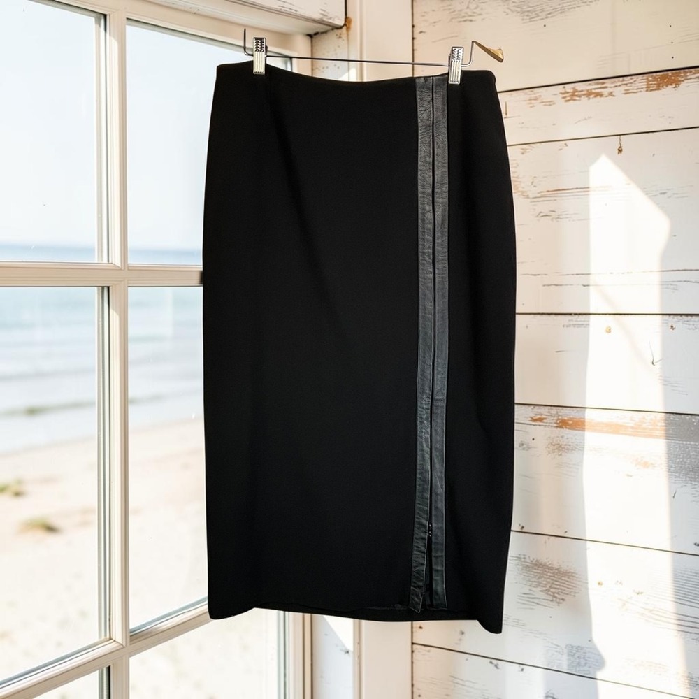 Vintage Pencil Skirt Dana Buchman 14 Black 100% Wool Leather Trim Zipper Vent